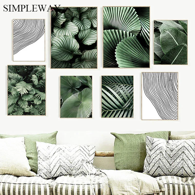 Green Plant Leaf Wall Art Canvas Prints Nordic Poster Black White Line Abstract Painting Decorative Picture Modern Home Decor | Дом и сад