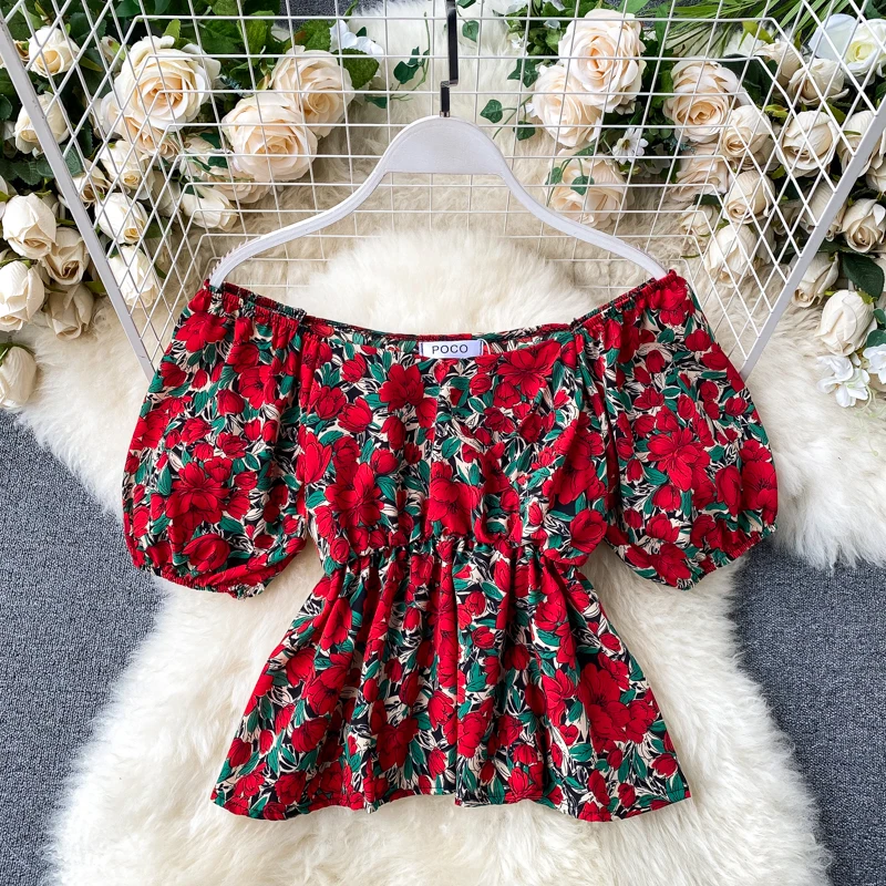 

ZOSOL Floral Top Women Chic Western Style Heart Machine Expose Clavicle off-Shoulder Waist Hugging Ruffled Short Chiffon Shirt