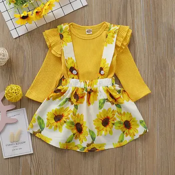 

2019 2PCS Toddler Baby Girls Autumn Set Long Sleeve Ruffles Cotton Knitted Tops Lovely Sunflower Skirt Outfits