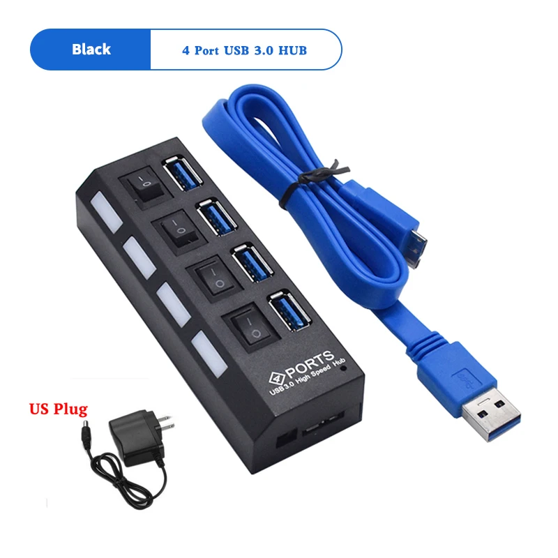 Black With US Plug Asunflower usb-хаб 3,0 с адаптером питания с вилкой EU US, высокоскоростной разветвитель USB 3,0 для ПК, компьютера, настольного компьютера, аксессуары, концентратор USB 3,0 - Цвет: Black With US Plug