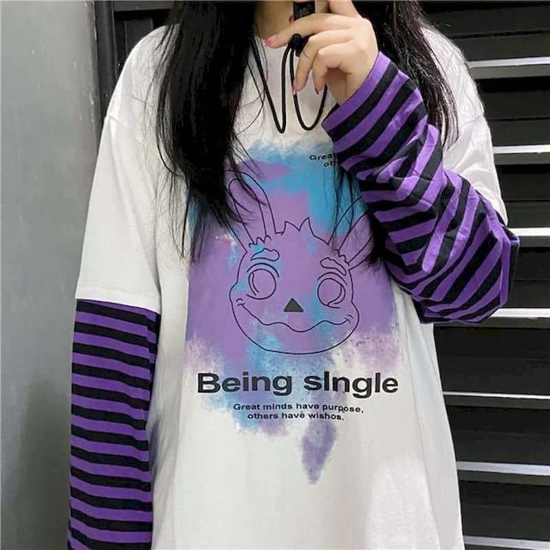 

Long-sleeved T-shirt fake two pieces men women Korea ins dark rabbit print stitching loose bottoming top 2020 autumn tide studen