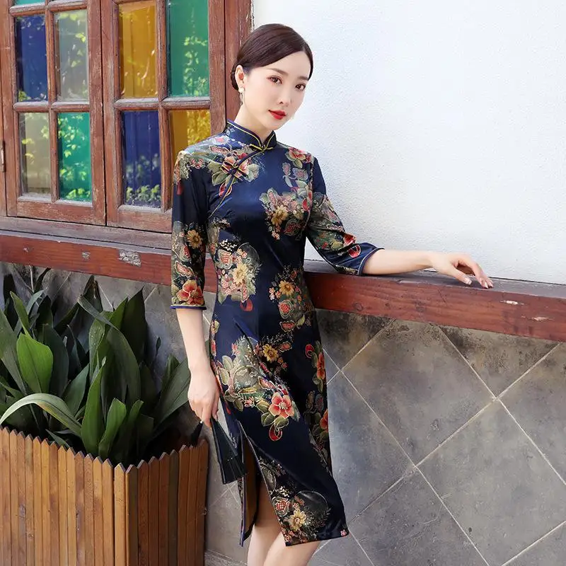 Новинка, элегантное женское велюровое свадебное платье Cheongsam с китайским цветочным принтом, большие размеры 4xl, тонкое сексуальное платье Qipao Vestidos - Цвет: Синий