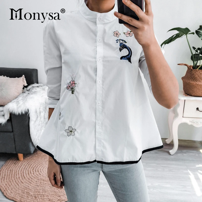 sexy blouses for women Floral Embroidery Shirt Women 2020 Summer New Arrival Half Sleeve Loose Casual Blouses Ladies Cotton Doll Shirt Blue White Tops ladies white shirt