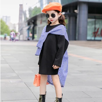 

Spring Autumn 2020 New Girls Shirts Dress Black Striped Patchwork Dresses Long Sleeve Kids Princess Dress Children Party Clothes