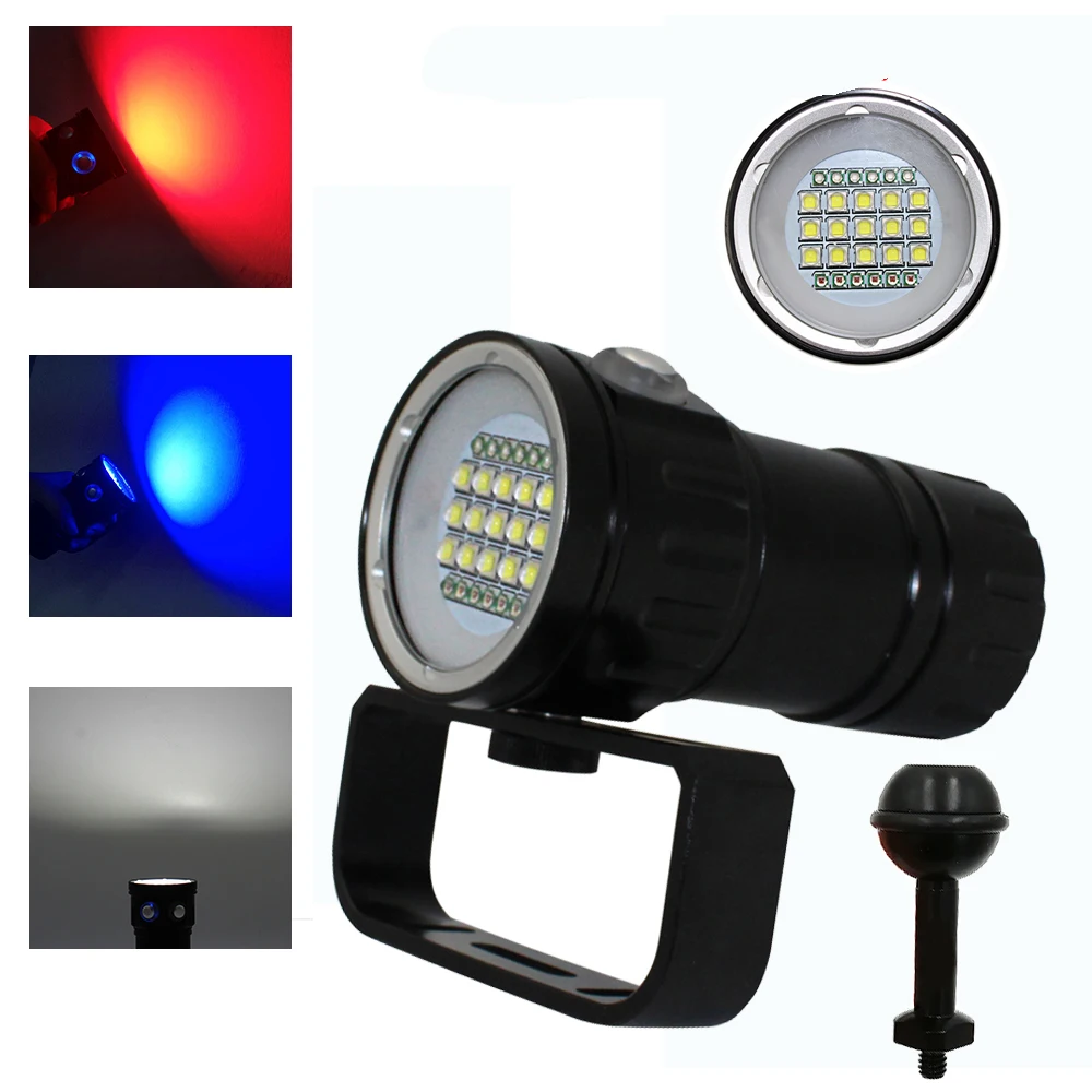 underwater 27 LED Photography Video Diving Flashlight 15x XM-L2 white+6x XPE Red+6x XPE Blue waterproof Tactical torch Lamp andoer ultra thin 3200k 6000k dimmable studio video photography led light panel lamp 228pcs beads for canon nikon dslr camera dv camcorder