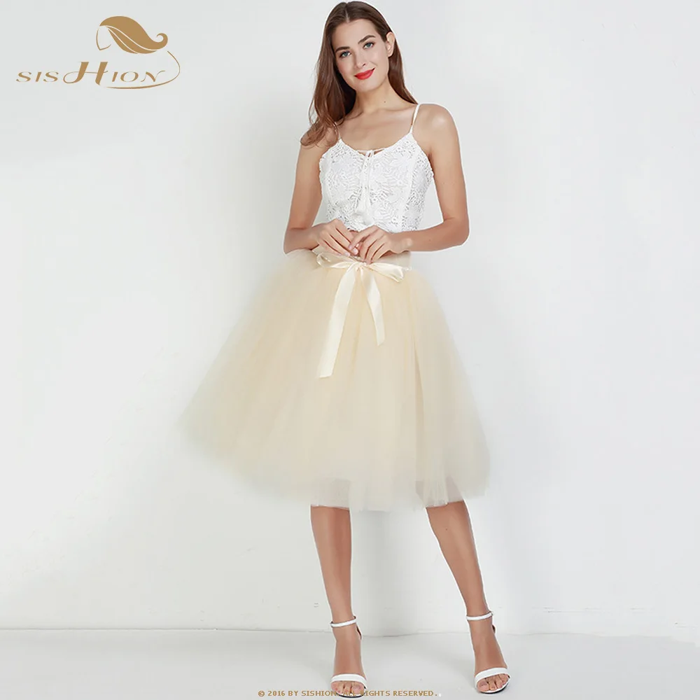 Beige SISHION 7 слоев Модная Тюлевая юбка плиссированные юбки-пачки QY0342 Женская Нижняя юбка подружки невесты винтажная юбка миди - Цвет: Beige