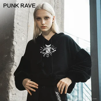 

PUNK RAVE Girl's Gothic Eyes Pattern Dark Loose Hooded Autumn and Winter Retro Short Jacket Hoodies Women