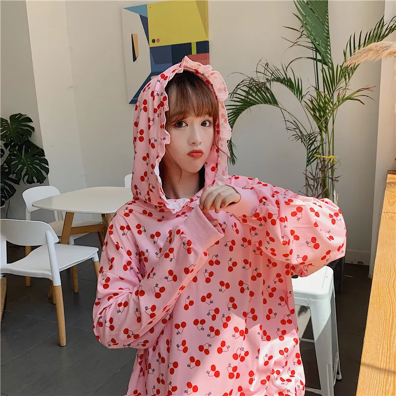 Корейская японская Лолита с оборками с капюшоном Kawaii милый Вишневый принт свободная Лолита Студенческая девушка Женская Толстовка Пуловер толстовки розовый