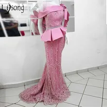Реальное изображение будет розовый Кружева Бальные платья русалки жемчуг бисером цветочные длинное платье для выпускного оборками африканские вечерние платья