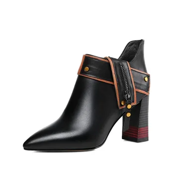 

Fashion Side Zipper Leather Ankle Boots Mature Metal Decoration Cozy High Heels Classics Spring Autumn Pointed Toe Women Shoes