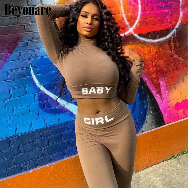 

Beyouare Leopard Two Piece Pant Set Skinny Sexy Clubwear Crop Top And Legging Long Sleeve Women 2 Piece Set 2020 Fashion Outfit