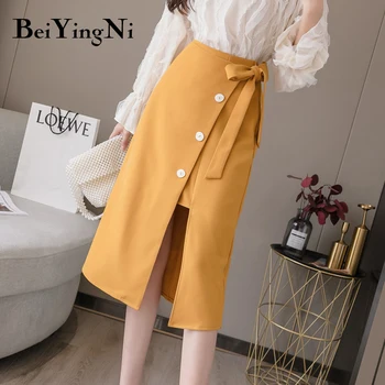 

Beiyingni Knee-length Skirt Women Buttons Lace-up Elegant 2020 Office Ladies Skirts Solid Color Casual Saias Mujer Split Bottoms