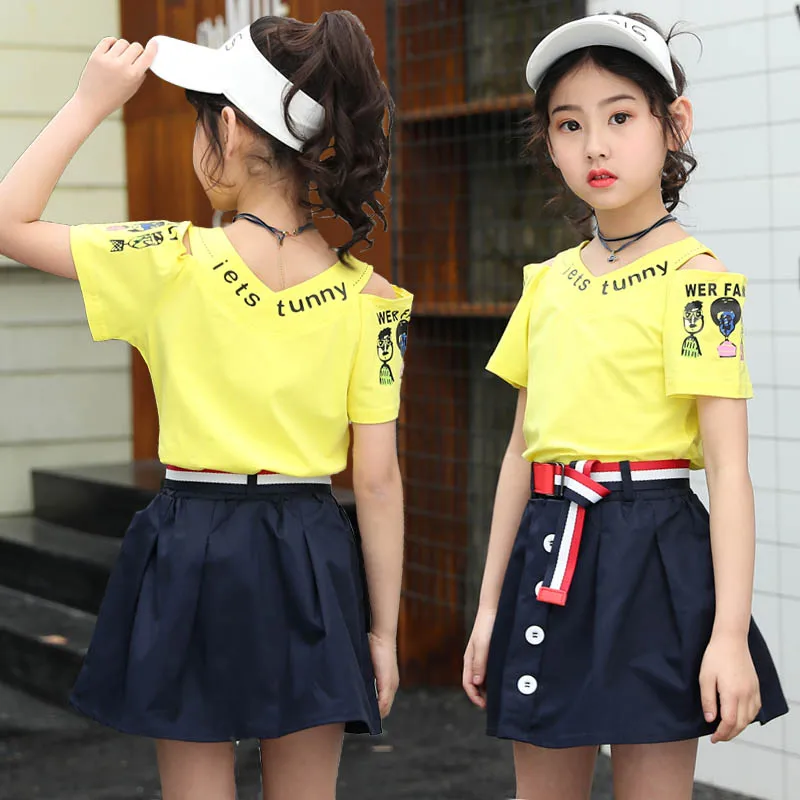 Новая летняя футболка, комплект одежды, короткая юбка, летняя одежда для девочек, юбка из двух частей, комплект