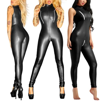 

New Style Women Leather Bodysuit Sleeveless Long Nightclub Jumpsuit Zipper Crotch Catsuit TY53