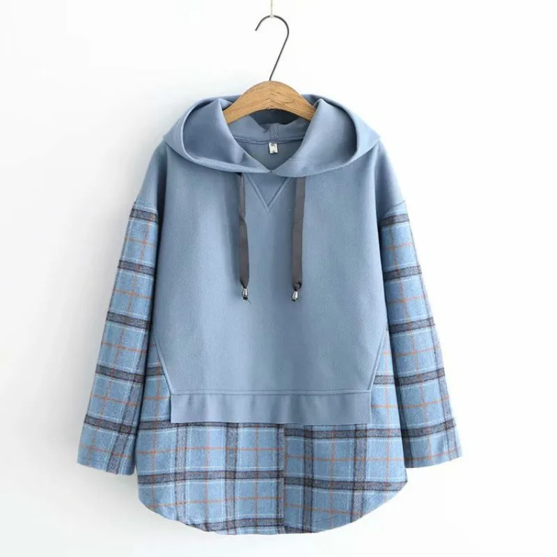 

Women Winter Sweatshirt Wear Plaid Stitching Fake Two Pieces Hooded Pullovers Female Korean Casual Student Hoodies Top H9451