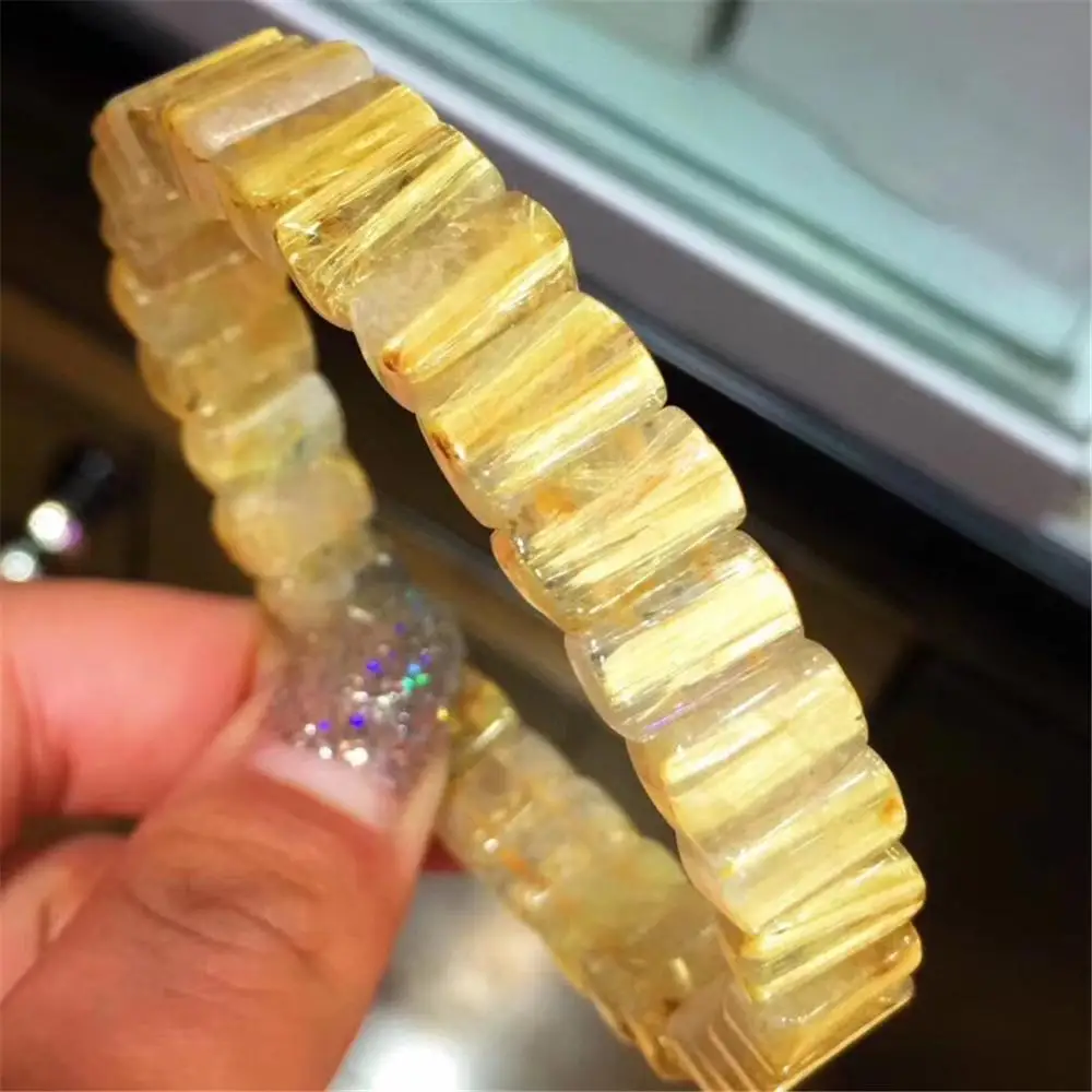 

Genuine Natural Gold Rutilated Quartz Bracelet For Women Men Crystal 10x6mm Rectangle Beads Wealthy Stone Bangle Jewelry AAAAA