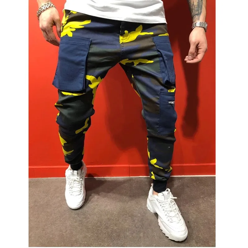 Yellow camouflage Хип-хоп Джоггеры мужские штаны с камуфляжным принтом многокарманные ленты мужские спортивные штаны уличная повседневные мужские брюки карго брюки мужские - Цвет: Yellow camouflage