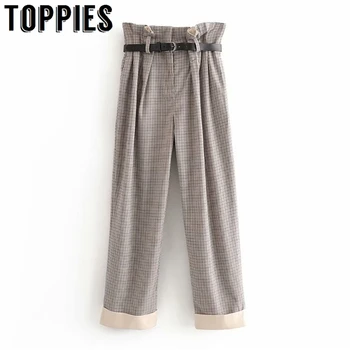 

Gray Lattice Suit Pants High Waist Paperbag Pants Korean Women Trousers Plaid Sweatpants