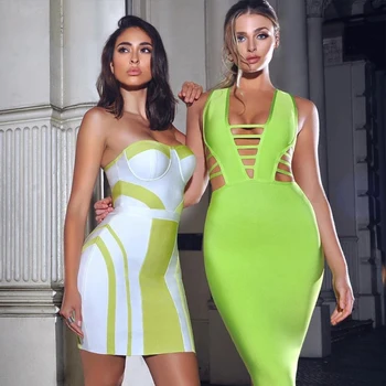

2019 New Celebrity Party Bodycon Bandage Dress Women Green Sleeveless Deep V-Neck Hollow Out Sexy NigtClub Dress Women Vestidos