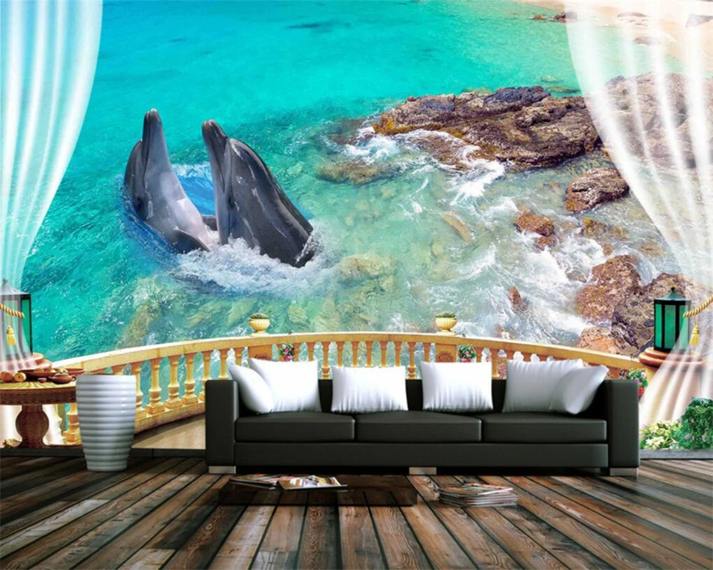 

Drop Shipping Home Decoration Wallpaper European Balcony Sea View Marine Dolphin Stone Sofa Background Wall Murals 3d Wallpaper