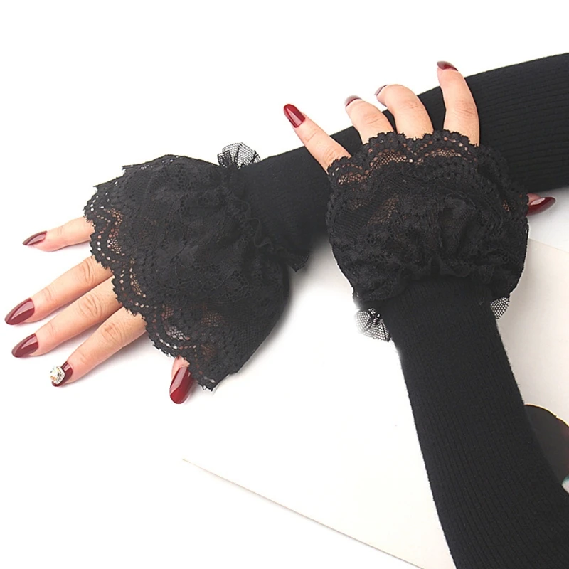 

Women Sweet Double Layer Ruffles Lace Patchwork Arm Warmers Winter Ribbed Knitted Stretchy Fingerless Gloves Decorative Scar Cov