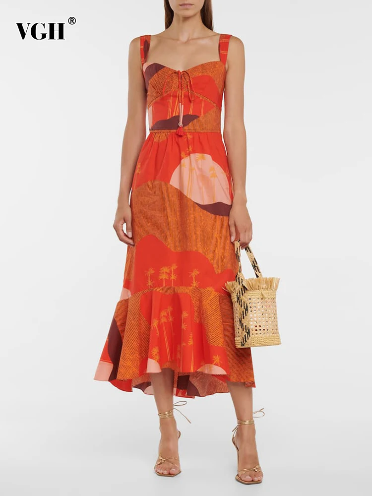 

VGH Casual Print Colorblock Dress For Women Square Collar Sleeveless High Waist Midi Dresses Female Korean Fashion Clothing New