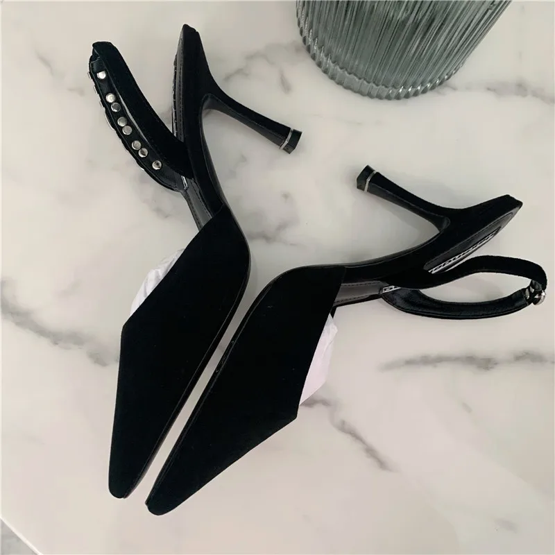 

Casual Designer Sexy Lady Fashion Women Shoes Black Suede Crystal Strass Pointy Toe Stiletto Slingback Sandals Sandalias
