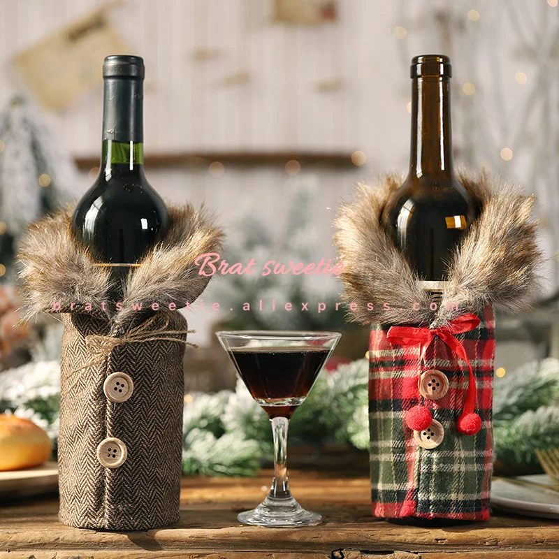 Buffalo Check Plaid Christams Plush Red Wine Bottle Cover Bags Xmas Wine Bottle Lights Navidad Decorations Dinning Table Decor