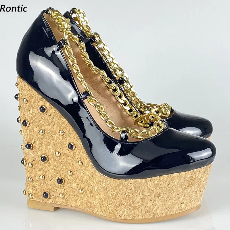 

Rontic Handmade Women Platform Pumps Patent Studded Chain Wedges Heels Round Toe Elegant Black Unisex Cosplay Shoes US Size 5-20