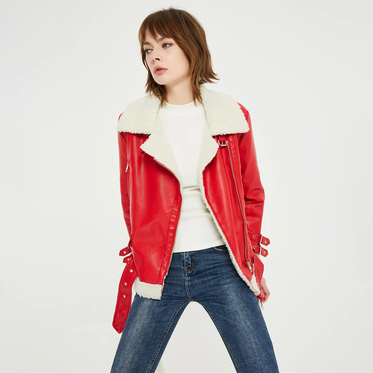 Vintage Women Faux Leather Thick Jacket Winter Turn-Down Collar Zippers Chains Buckle Black Jacket Retro Moto Biker Jackets