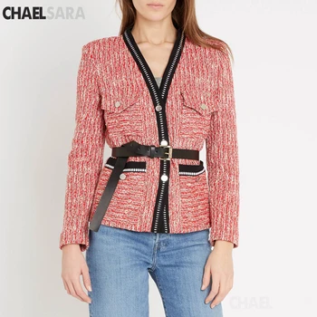 

High Quality Red Striped Women Tweed Overcoat 2019 Autumn Winter Tassel Beading Long Sleeve Jacket Coat Fashion Runway Coats