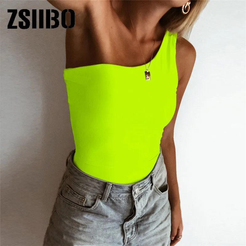 one shoulder neon green solid bodysuits 2020 summer women fashion streetwear party club slim bodycon body bodysuit dropshipping