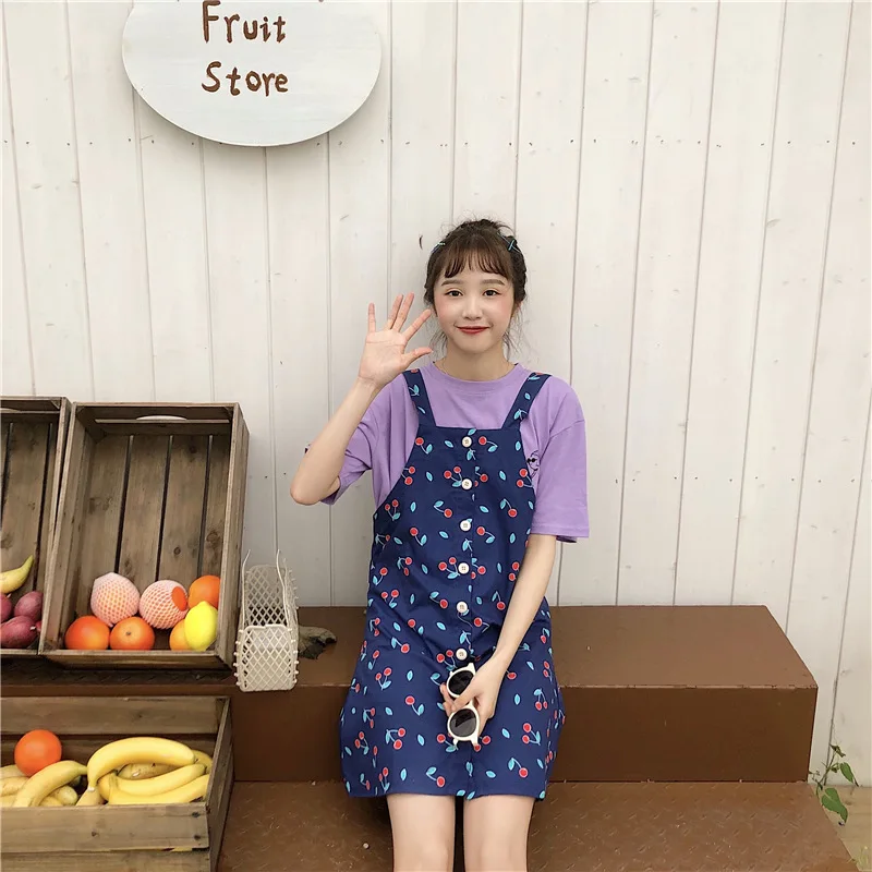 

Photo Shoot 2019 WOMEN'S Dress Summer Sweet South Korea Hipster Cherry Pattern Suspender Skirt Dress