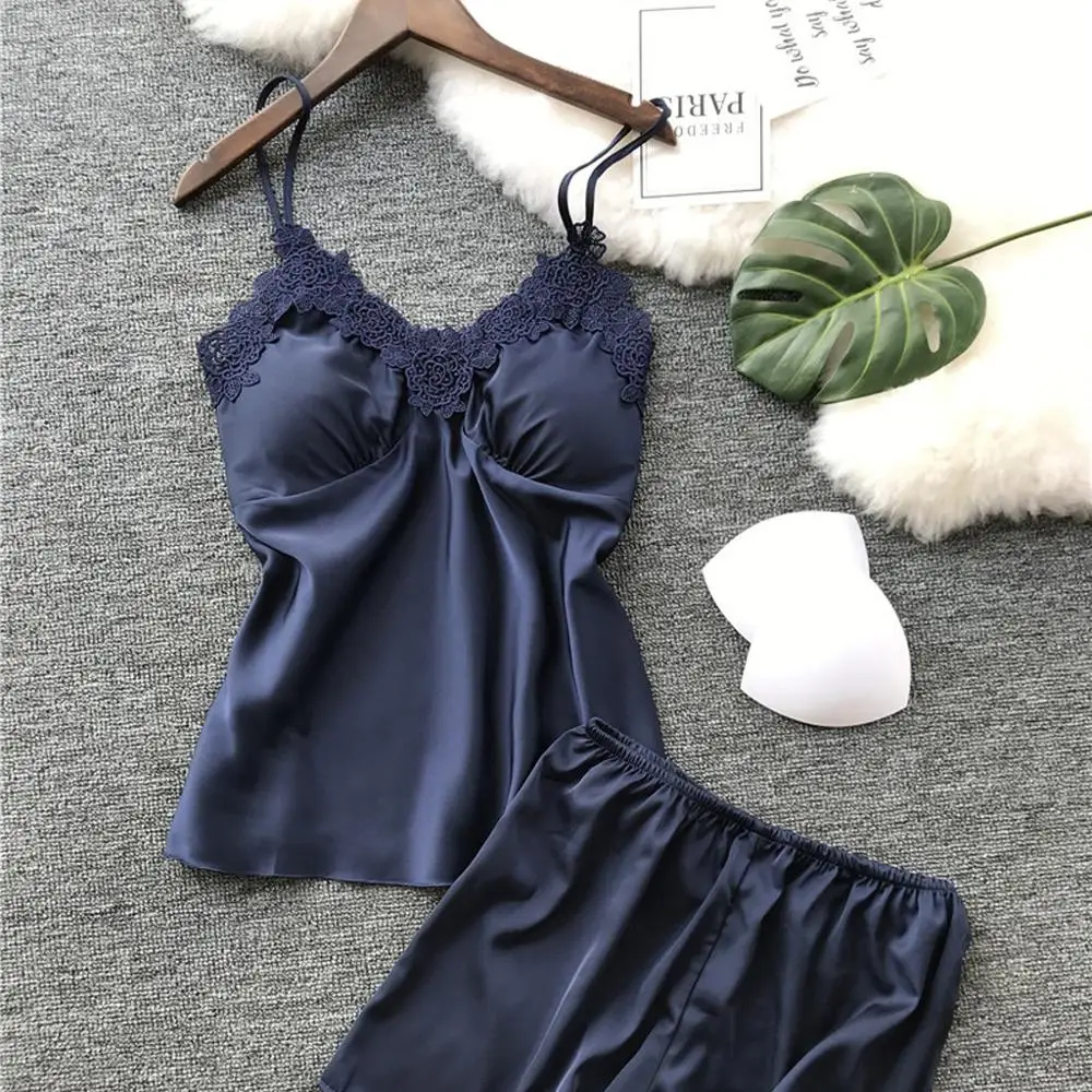 Lady Sexy Satin Night Robe Dress Lace Strap Shirt&Shorts 2PCS Sleep Suit Sleepwear Nightwear Sling Lingerie Underwear Set