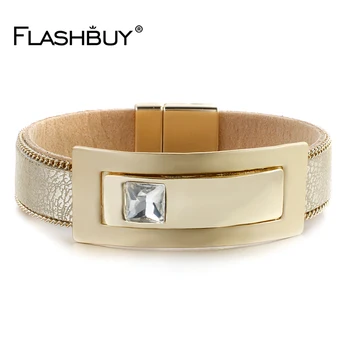 

Flashbuy New Simple Square Crystal Leather Bracelets For Women Unisex Charm Wrap Bracelet Fashion Jewelry wholesale Hot Sale