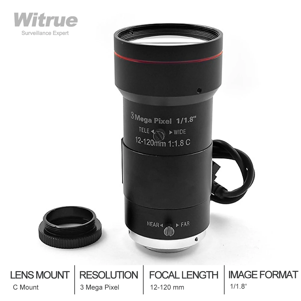 

Witrue 3MP 12-120mm Varifocal HD CCTV lens F1.8 Auto Iris C mount lens Low Distortion FA lens for IP Camera