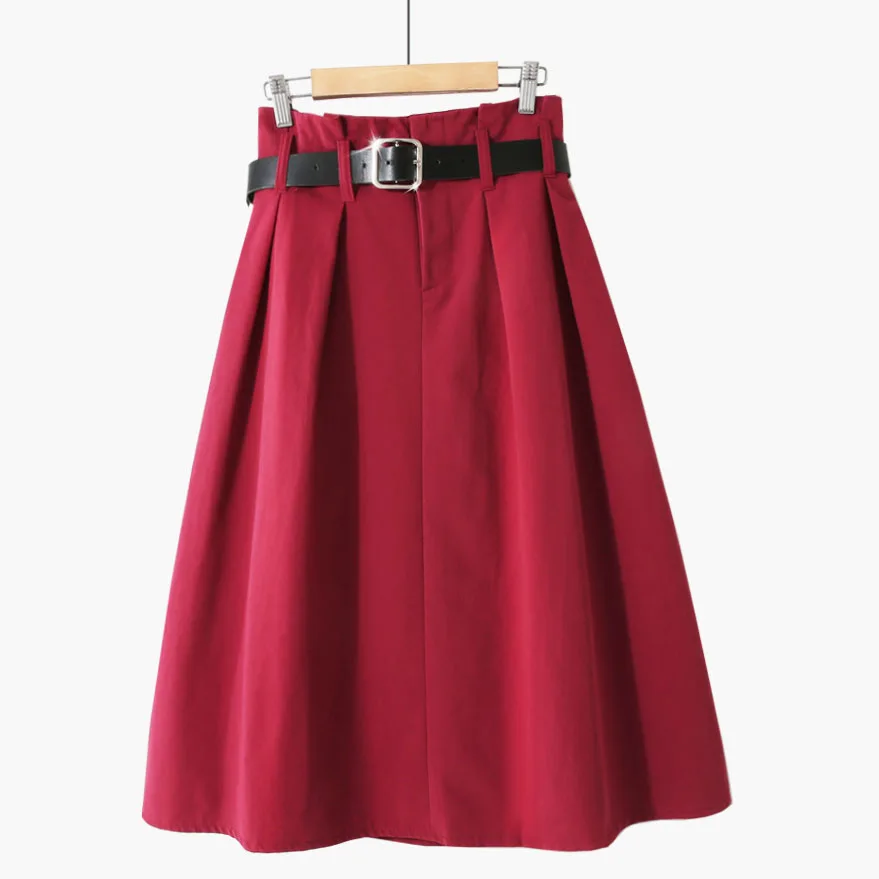 

Ladies high waist elastic skirt all-match student mid-length large skirt solid color short skirt yellow belt cotton skirt
