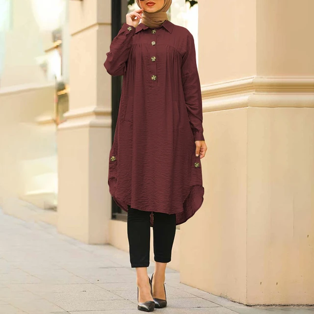 New Summer Muslim Solid Blouse For Women Simple Cotton Linen Long