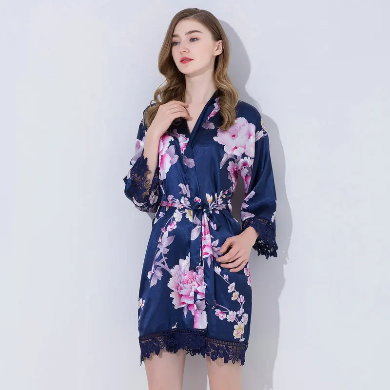 navy blue1 Owiter халаты с цветочным принтом, атласные шелковые свадебные кимоно для невесты, халат размера плюс, женские, дамские, детские, вечерние, длинные халаты, новинка - Цвет: navy blue1