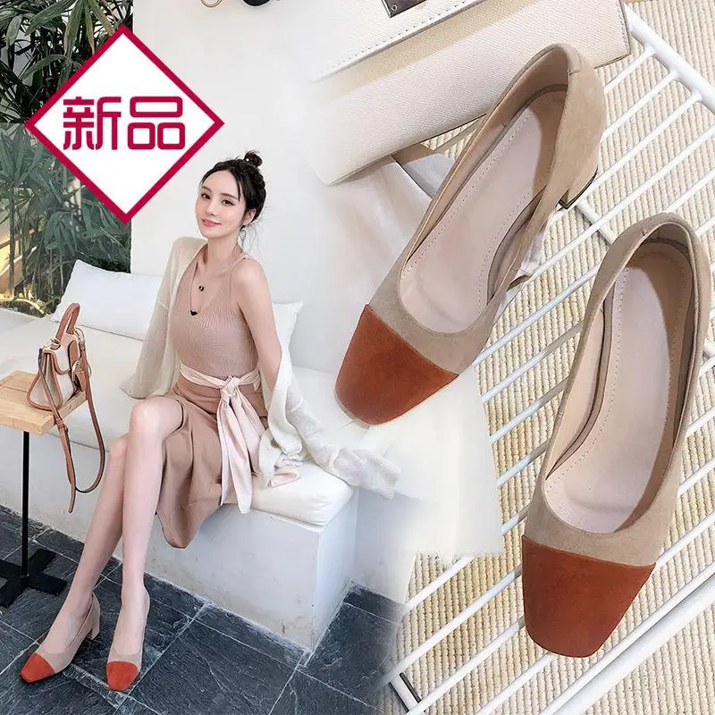 

Online Celebrity Spring New Style Korean-style-Style Mixed Colors Chunky-Heel Semi-high Heeled Shoes Women's Retro Square Head L