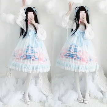 

lolita dress Qiongyu Building print Chinese Style Han element Three layers Ruffles lace Bowknot Lolita OP Dress Kawaii Mori Girl