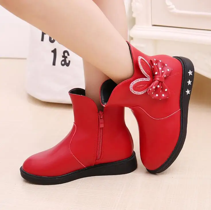 picture color Gilrs Boots Winter Ankle Zip Cute Bow Snow Boots For Girls Princess Pu Leather Warm Kids Boots Size 27-37 - Цвет: picture color