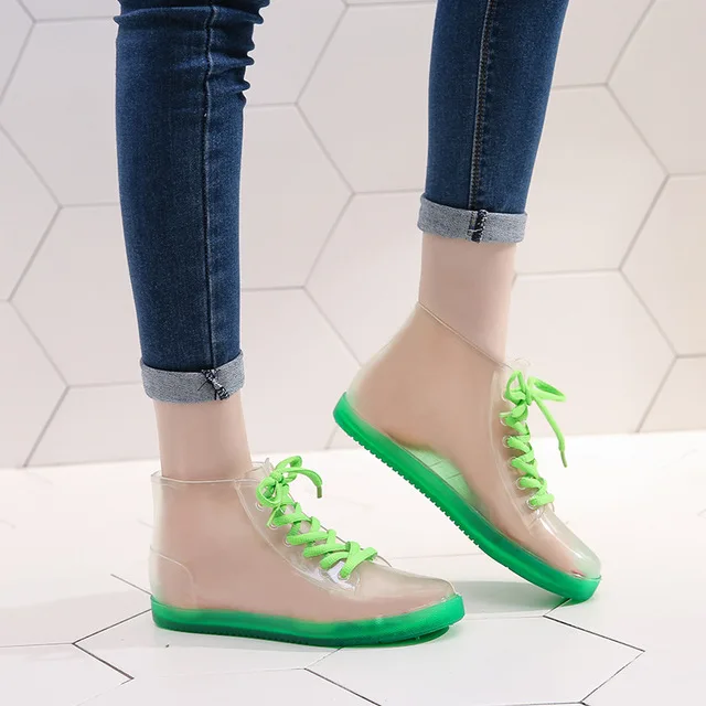 Женские туфли из вулканизованной парусины; женские повседневные зимние кроссовки; непромокаемые сапоги; женская зимняя обувь; водонепроницаемые ботинки до лодыжки ПВХ - Цвет: thin green