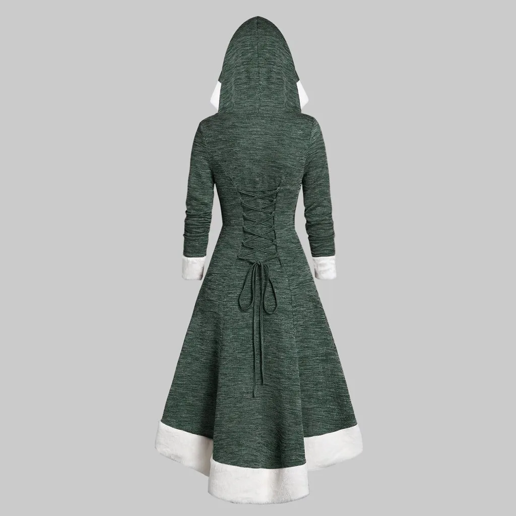 Robe de noel femme, винтажное рождественское платье, женское платье с длинным рукавом, на бретельках, на пуговицах, с капюшоном, с высокой талией, миди, платье navidad@ 40