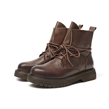 

Women's Boots 2019 Autumn Winter Retro Style Genuine Leather Ladies Shoes Low Heels Mid-Calf Woman Winter Rubber Sole Boots