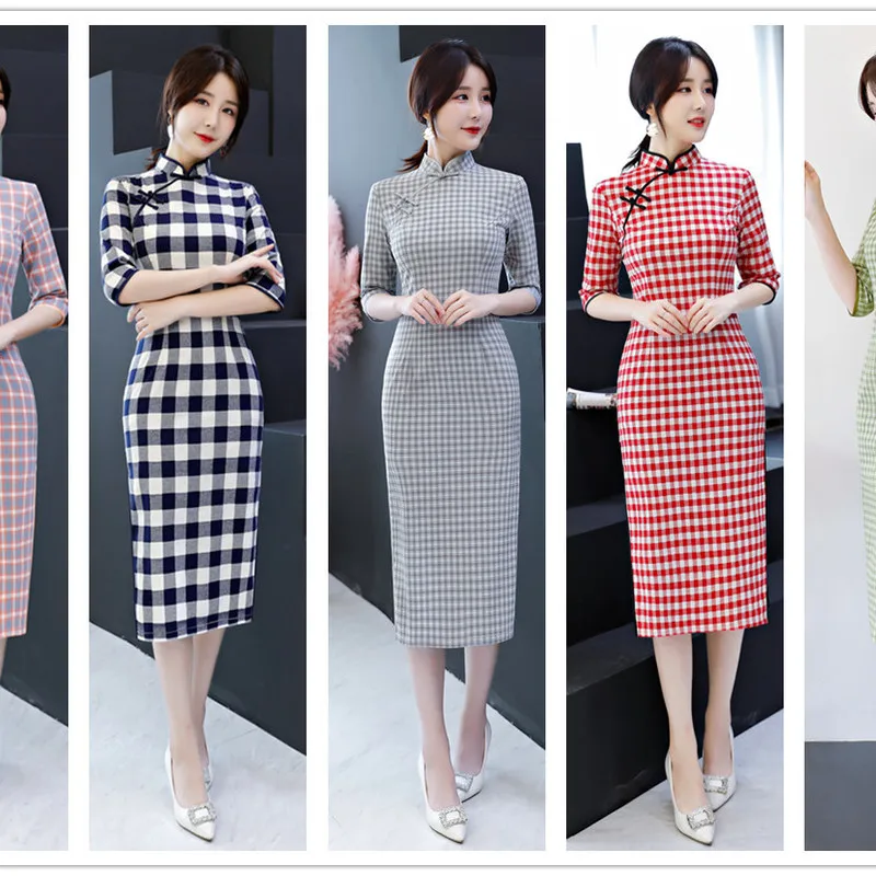 

2020 Real Cotton Floor-length Appliques Quinceanera Cheongsam New Autumn Retro Fit Improved Plaid Seven Sleeve Girl Dress Color