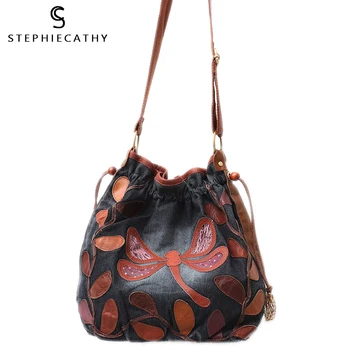 

SC Vintage Real Leather Bags Women Denim&Leather Patchwork Shoulder Bag Ladies Bucket Handbag Female Drawstring Hobo Cross Body