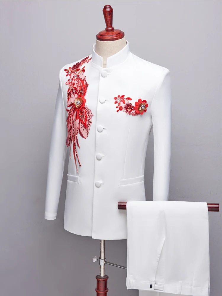 Аппликация пиджаки с вышивкой стоячий воротник мужской костюм китайская туника костюм мужской певец одежда для сцены (куртка + брюки) S-3XL