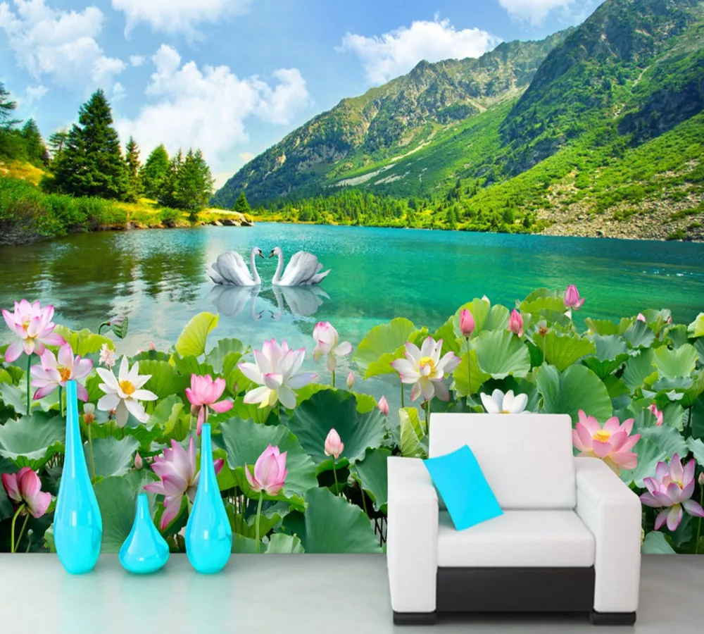 

Drop Shipping Custom 3D Mural Hotel Mural Lake Landscape Swan Lake Scenic Landscape Living Room Background Lotus Wallpaper