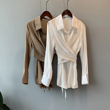 

New simple commute in the long section lapel bandage shirt OL wind shirt female